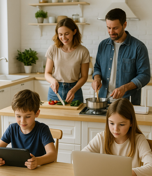 familia en una cuina utilitzant els mòbils i cuinant