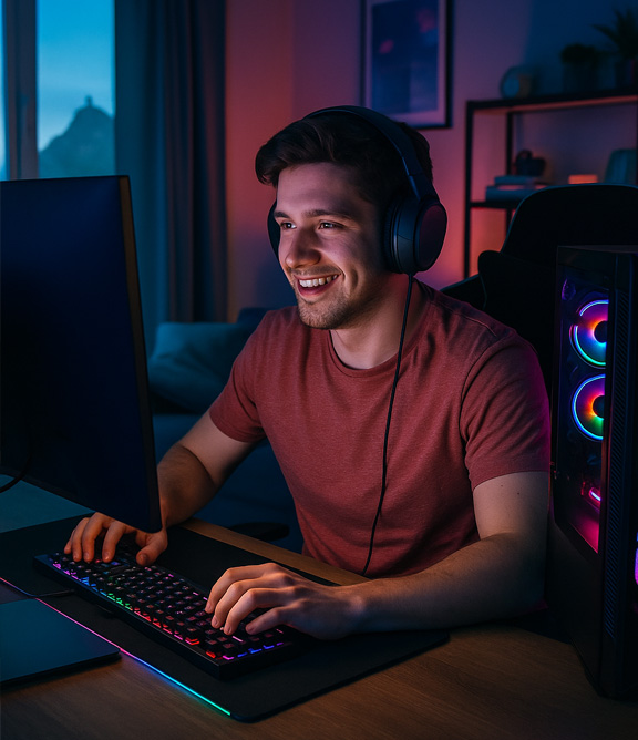noi davant d'un ordinador gamer jugant a videojocs